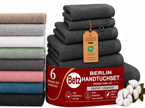 Betz Berlin Handtuch-Set 6 -teilig – 100% Baumwolle – Oeko-TEX® Zertifiziert – hohe Grammatur – Duschtücher, Handtücher, Gästetücher, Seiftuch & Waschhandschuhe Farbe Graphitgrau