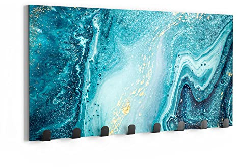 DEQORI Wandgarderobe Glas & Metall | Motiv Meer aus Marmor | 60x30 cm | Design Haken-Leiste modern | Garderoben-Paneel für Flur, Wohnzimmer & Schlafzimmer | magnetisch & beschreibbar