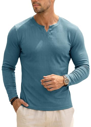 Muscle Cmdr -Långärmad/kort T-shirt herr stretch slim fit t-shirt v-ringad undertröja för herr, Blå lång, M