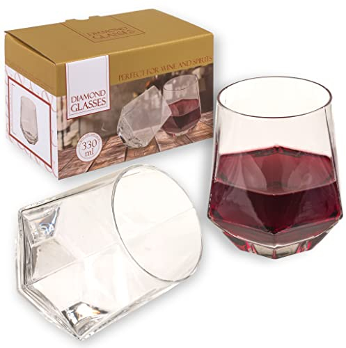 MIJOMA Lot de 2 verres à whisky, verres à vin en forme de diamant, env. 330 ml, parfaits pour les amateurs de whisky, hauteur env. 9 cm