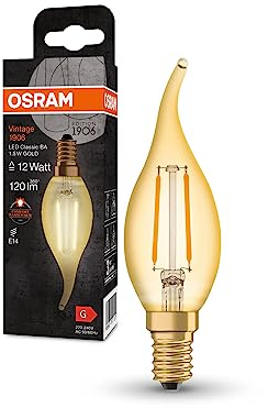 OSRAM Lampada LED Vintage 1906 Classic BA FIL, E14, colpo di vento, trasparente, 1.5W, 120lm, 2400K, luce bianca molto calda, filamento magnetico, basso consumo energetico, lunga durata