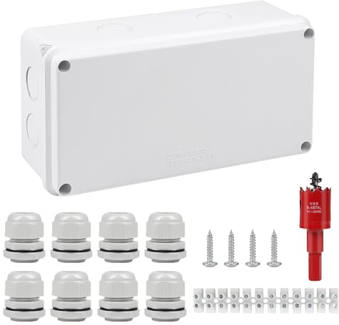 CPROSP kopplingsdosa, vattentät IP65 våtrumsburkar, ytmonterad, kopplingsbox, 200 x 100 x 70 mm för Ø 12–15 mm, med 10 x kabelskruvar, med hålsåg 20 mm