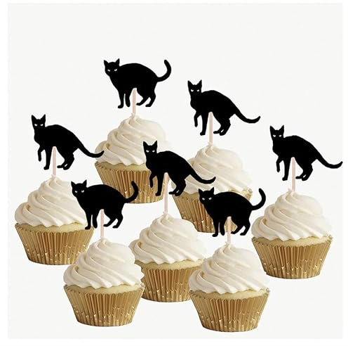 AK Giftshop Halloween Black Cat Cupcakes Toppers Party Food Decorations Sticks Picks (24 Pack)