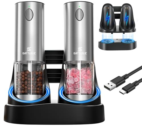 Electric Salt and Pepper Grinder Set, Automatic Pepper Mill Grinder w/Upgraded Charge Base and LED Light,Adjustable Coarseness,Rechargeable Black Peppercorn & Sea Salt Spice Mill Set