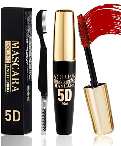 Rot 5D Telescopic Mascara, Volumen Wimperntusche Bunt Wasserfest Wischfest | Red Silk Fiber Mascara for Eyelashes, Volumen & Länge, Langanhaltende Curling Wimperntusche Augen-Makeup für Cosplay Party