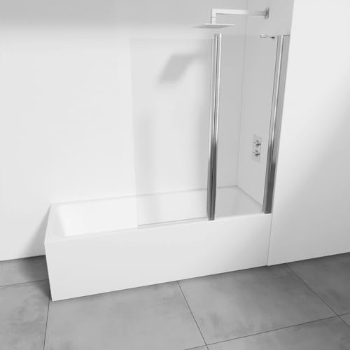 Paroi de baignoire pivotante avec un panneau fixe et un panneau pivotant 115 x 145 cm - Verre anticalcaire des deux côtés - Verre trempé transparent 6 mm - Profilés argent brillant - Entrée à droite