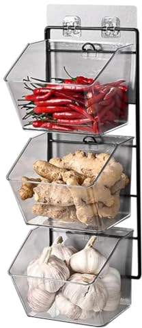 Kytxqikd Wandmontierter Ingwer-Knoblauch-Behälter mit 3 Fächern, Aufbewahrungsbox für Zwiebeln und Kartoffeln auf der Arbeitsplatte mit Metallgestell, Länge 40 cm