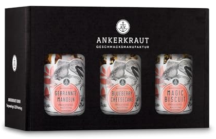 Ankerkraut Früchte-Tee-Box 'Süßer Landgang', Blueberry Cheesecake, Gebrannte Mandeln und Magic Biscuit, 205 g looser Tee, Tea-Box zum Verschenken, Geschenk-Set