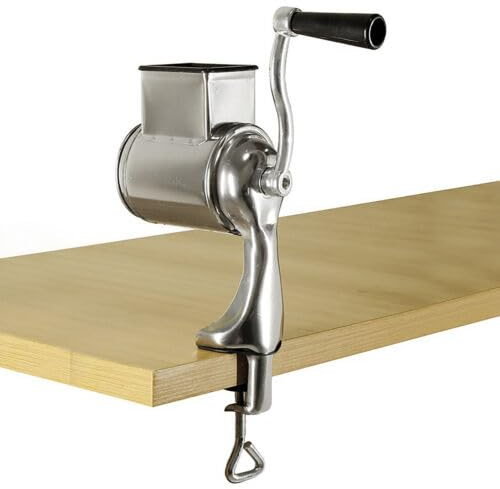 Edelstahl Grater with Crank, Grater Manuelle Kartoffelreibe,2 in 1 Vegetable cutter mit 5 Edelstahl Drums Gemüsereibe Käsereibe für Gemüse, Zwiebeln, Karotten, Nüsse, Silber