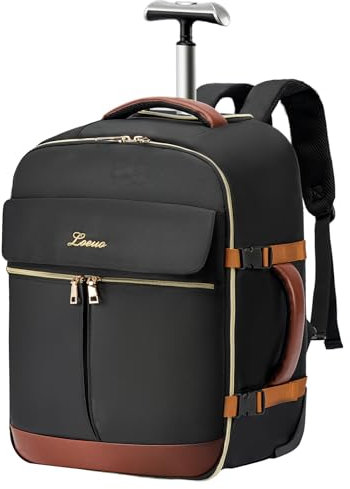 LOUEO Rullande ryggsäck för kvinnor, reseryggsäck för vuxna med hjul, 43 cm hjul ryggsäck handbagage, Svart, Normal, Mode