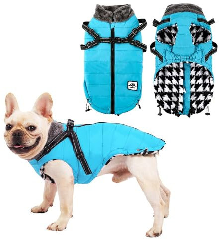 Waterproof Winter Clothes for Dogs, Coat with Harness & Chest Strap, Jacket for Small, Medium, Large Dogs (Blue, L)