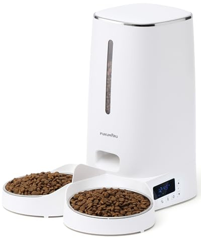 FUKUMARU Distributore Automatico Cibo Gatti, 4L Distributore Cibo Cani con 2 Ciotole in Acciaio Inox, 10 Pasti al Giorno e Controllo del Timer,Consumato per Circa 20 giorni.USB e Batterie