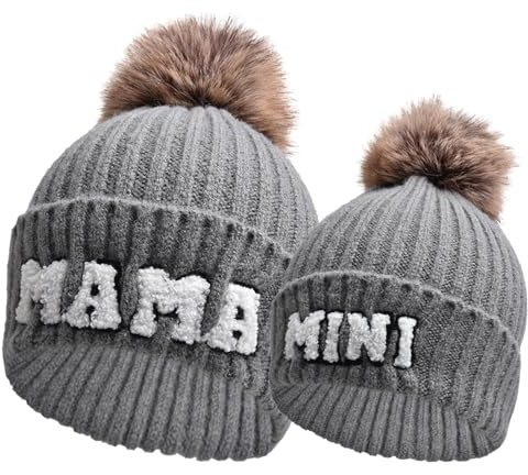 Kunyeah 2PCS Eltern-Kind Beanie Mütze Frauen Stickerei gestrickt Hut Mama und Baby Matching Hüte Winter Warm Cap mit Pom-Pom