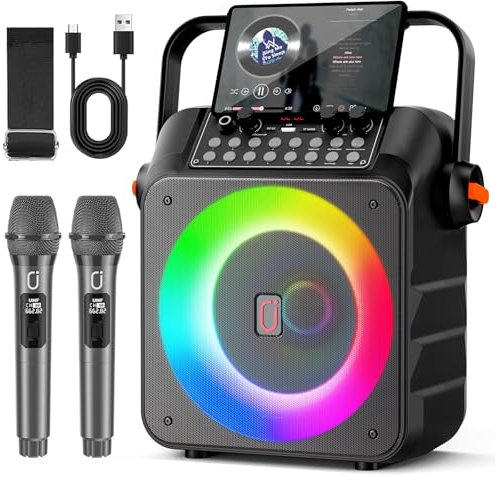 HWWR Karaoke con 2 Microfoni, Cassa Karaoke Professionale Portatile Cassa Bluetooth con LED Luci, Altoparlante Amplificato Portatile Impianto Karaoke, Supporto REC/USB/TF/AUX