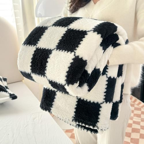Grexenta Checkered Flannel Throw Blanket, Soft Cosy Checkerboard Grid Pattern Blanket for Bench Sofa Bed Luxurious Warm and Cozy for All Seasons (Black, 100cm x 150cm)