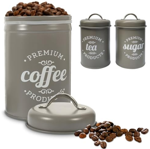 FORNORM Tea Coffee Sugar Canisters Set of 3, Metal Food Storage Canisters 1 L, Sealed Storage Jars Biscuit Barrel for Tea Coffee Sugar Grain Spice Biscuit (Grey)