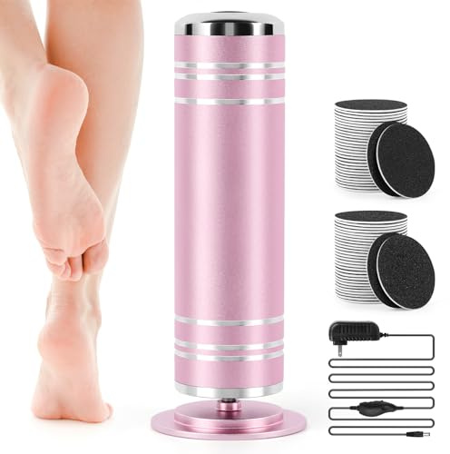 Lima eléctrica para pies removedor de callos: velocidad ajustable de 1000 RPM para pies con 60 discos de papel de lija, herramientas profesionales de pedicura para callos de piel muerta (rosa)