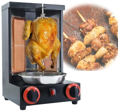JOSBY Parrilla eléctrica para Kebab, máquina automática para Hacer brochetas giratorias, Parrilla de Gas Comercial, Horno Vertical Giratorio de encimera, Estufa de Barbacoa doméstica con 2 quemadores