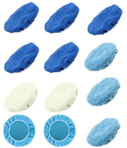 12-teiliges Polierhauben Set Ø230–250 mm – 5× Mikrofaser, 3× Korallenvlies, 2× Wolle, 2× Vliesstoff – Waschbar & Wiederverwendbar – Für Auto, Möbel & MetallBullet-Points