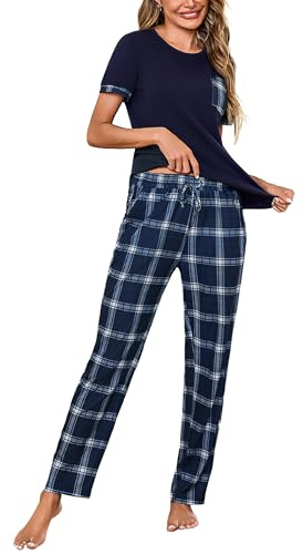 Litherday Women's Pyjamas Set Short Sleeve Cotton Pjs Loungewear Soft Nightwear Sleepwear Set with Pockets Dark Blue