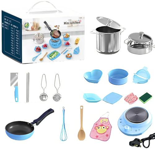 22Pcs Kids Cooking Sets Real, Real Cooking Kitchen Accessories, Kid Safe Montessori Mini Kitchen Tools with Electric Furnace,Pot,Knife ect for Aged 3+ Boys Girls Food Making, Education Tools (Blue)