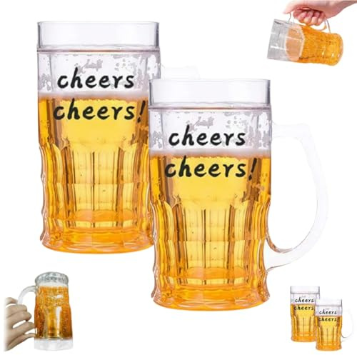 2 boccali di birra finta, a doppio strato, divertenti bicchieri da birra, in plastica realistica, con manici, per bar, bevande, scherzi, feste e decorazioni