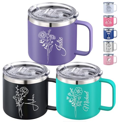 Nevaou Personalised Insulated Coffee Tumbler 12oz 14oz Custom Stainless Steel Coffee Mug with Handle Lid Name Birth Flower Engraved Travel Mug
