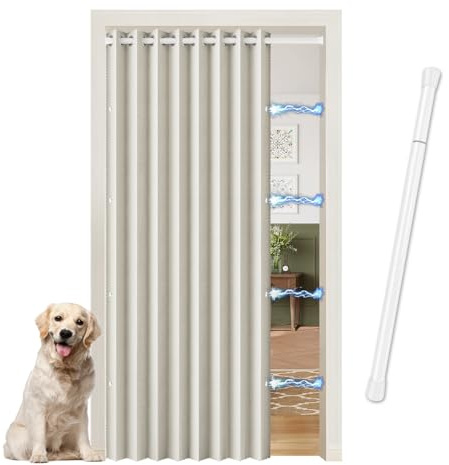 JCyh Cortina de Puerta Opaca Plegable - con Barra Telescópica y Magnética - para Cocina, Interior, Exterior, Separador de Ambientes y Armario Dormitorio, Blanco Natural