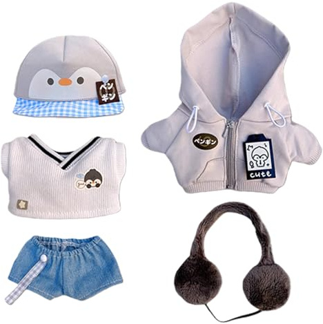 niannyyhouse Plüschpuppenkleidung, College-Pinguin-Set, 10 cm, 15 cm, 20 cm, Stofftier-Verkleidungszubehör (grau + blau, 15 cm)