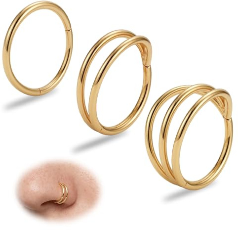 3 Stück 20G 8mm Nasenpiercing Gold Gestapelter Septumring | Nasenpiercing Ring Chirurgenstahl,Nasenpiercing Gold,316L Edelstahl Doppelt Reifen Nasenring, für Frauen und Männer