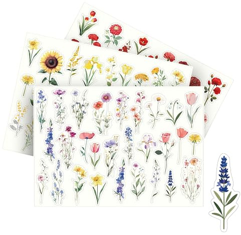 Ausgewählt verpackt Blumensticker Set – Selbstklebende Blumen Sticker auf Stickerbogen – transparente Blumen Aufkleber für Fotoalbum, Journaling & Basteln