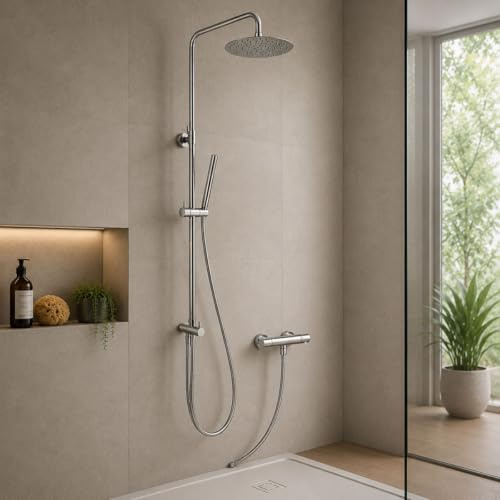 Yellowshop | Colonna Doccia Universale Essenza in Ottone Cromato per Miscelatore Esterno | Soffione Slim Acciaio Inox Ø 25 cm, Doccetta Monogetto Tonda, Deviatore Meccanico, Completa di Flessibile
