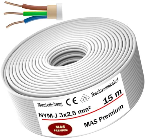 MAS Premium NYM-J Câble d'alimentation pour pièces humides 5-200 m Câble gainé NYM-J 3 x 1, 5 2,5 4 6 10 ou 5 x 1,5 2,5 4 6 10 16 Câble électrique pour pose fixe (NYM-J 3 x 2, 5 mm², 15 m)