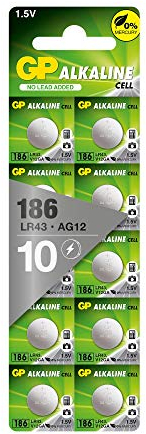 GP Alkaline Knopfzellen LR43 | Batterien kompatibel mit Bezeichnung AG12 / LR1142 / 186 / V12GA | 10 Stück Knopfbatterien 1,5V