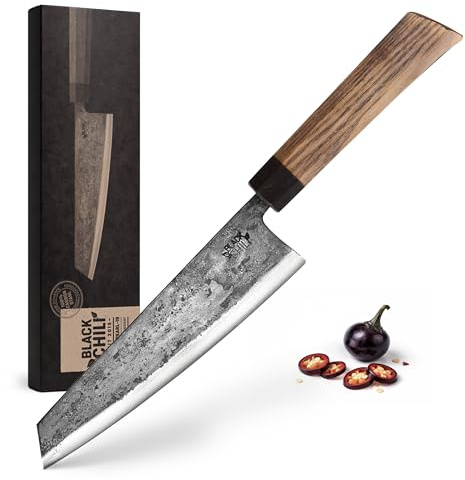 Black Chili Chefmesser | Escheholz Griff | 19 cm Carbonstahl Klinge mit 61–63 HRC | Profi Kochmesser für Fisch, Fleisch & Gemüse | Tranchiermesser Kiritsuke Bunka Allzweckmesser | BLACK-PEARL-19
