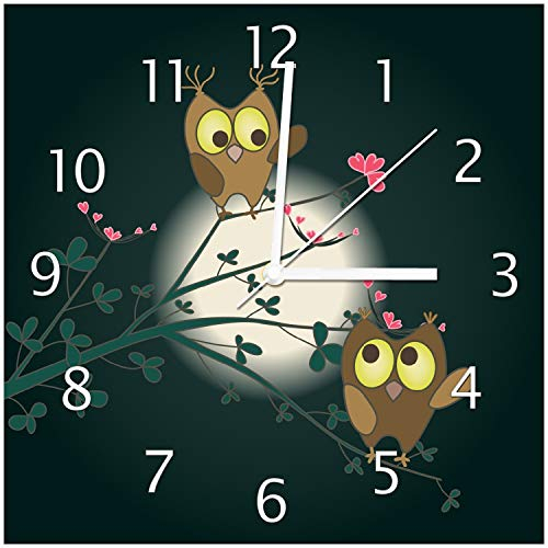 Wallario Design-Wanduhr Süße verliebte Eulen auf dem AST bei Nacht im Mondschein aus Glas, Motiv-Uhr Größe 30 x 30 cm, weiße Zeiger