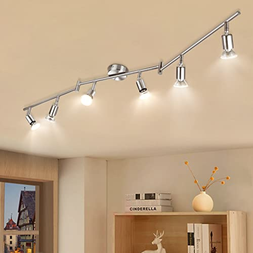 Wowatt LED Deckenstrahler 6 Flammig Schwenkbar 6x 5W Spots GU10 Warmweiß 2800K Strahler Deckenleuchte Modern Flur Küche Spotleuchten Spotbalken 230V Matt Nickel Deckenlampe für Wohnzimmer Schlafzimmer | Schwenkbar Deckenlampe Spot, Deckenlampe Strahler Innen, Metall Spotlight Lampe für Küche Wohnzimmer Schlafzimmer Badezimmer