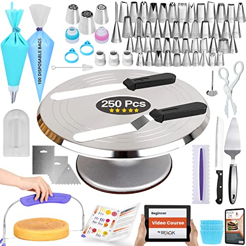 RFAQK 250 PCs Professional Cake Decorating Kit Supplies - Aluminum Alloy Cake Turntable 12 with 48 Numbered Icing Nozzles and Piping Bags,Ebook,Cake Leveler Straight-Angled Spatula, Baking Supplies