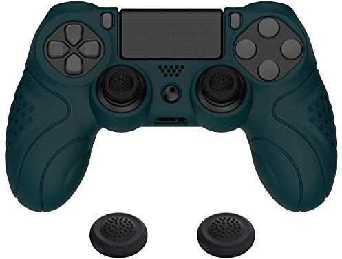 PlayVital Hülle für ps4 Controller,Case Zubehör Anti-Rutsche Schutzhülle Hülle ergonomische Griffe Skin,2 Stück Stick Kappen für PlayStation 4 Slim Pro Controller(Guardian Edition,Renngrün)