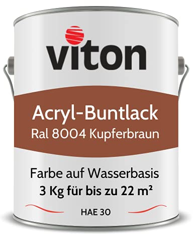 Viton Buntlack 3 kg Braun - Seidenmatt - Wetterfest für Außen und Innen - 3in1 Grundierung & Lack - HAE 30 - Nachhaltige Farbe auf Wasserbasis für Holz, Metall & Fliesen - RAL 8004 Kupferbraun