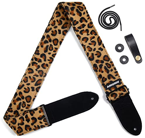Amumu 5cm Leopard Samt-Gitarrengurt mit Mikrofaserkunstleder-Enden – Für Akustik-, E-Bass- & E-Gitarren – Gitarrenzubehör – Verstellbar von 92 bis 160 cm