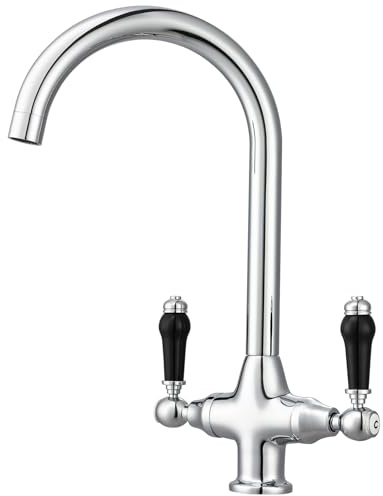 Kitchen Sink Tap Mixer with Black Dual Lever Traditional Mono Swan Neck Victorian Style Kitchen Mixer Faucet 360 Swivel Spout Brass Chrome Monobloc Rustic Bar Tap with Ceramic Twin Lever Country Style