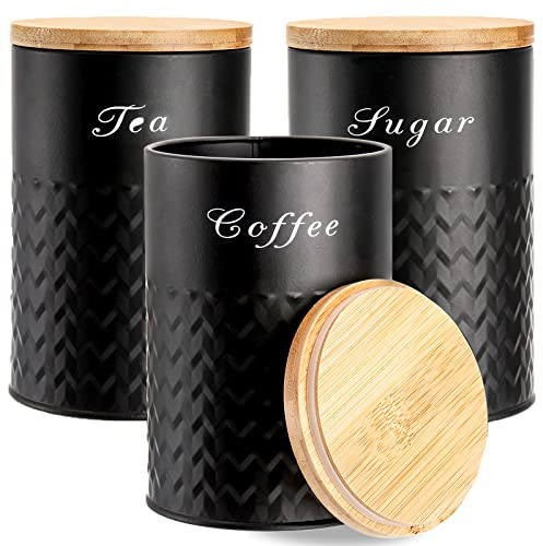 Bekith 3 Pack Kitchen Canisters with Bamboo Lids, Airtight Metal Canister Set, Food Storage Containers Jars for Coffee, Sugar, Tea, Flour, Rustic Kitchen Decor Containers, Black