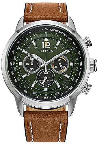 Citizen Men's Eco-Drive Weekender Sport Chronograph Watch in Brown Leather Strap, Green Dial, 44mm (Model: CA4477-08X)