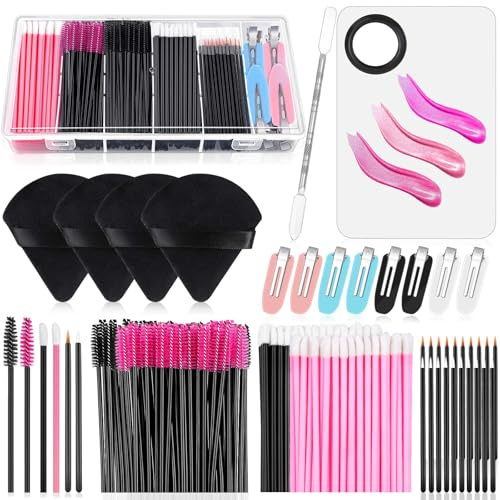 Audab engångs makeup applikatorset med triangulär puffblandningspalett, konstnärsbehov engångs mascara-stavar, läppborstar, hårspännen, pudertofsar för ansikte med förvaringslåda i rosa