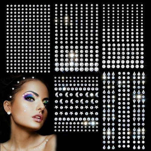 SPOKKI Glitzersteine Gesicht Glitzersteine Selbstklebend 792 Stück Strasssteine Selbstklebend Perle für Gesicht Augen Körper Nägel für Festival Karneval Make Up DIY Halloween Weihnachten Dekorationen