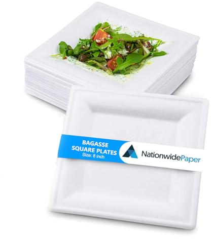 Nationwide Paper 8 Inch Biodegradable Square Paper Plates, Bagasse White Disposable Plates, Strong Party Plates (50 Pcs)