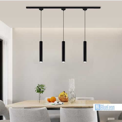 BlueLeon Schienensystem BL-2WT Komplettset, Lampen, Deckenstrahler, Spotlight, Deckenspot, Strahler, LED Spot mit 3x GU10-Hängeleuchte und 1m Schiene, erweiterbar, Aluminium (Schwarz)