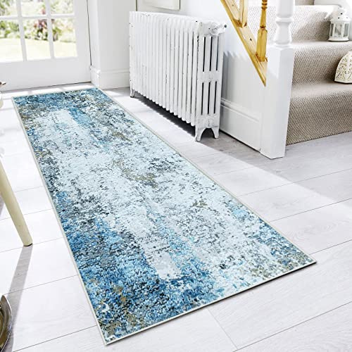 JURLEA Alfombra de Pasillo Antideslizante para Pasillos Cocina y Salón No se Cae Lavable Ligera Alfombra de Largo Recorrido (80 x 200 cm, Crema/Azul)