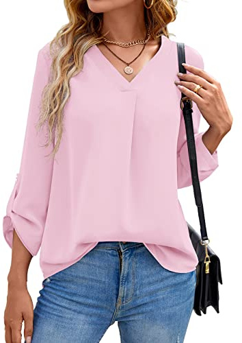 Yommay långärmade tröjor för kvinnor, blus, sommar, elegant, V-ringad, tunika, långtröja, topp, flytande, korta ärmar, chiffongtoppar, Ljusrosa, M